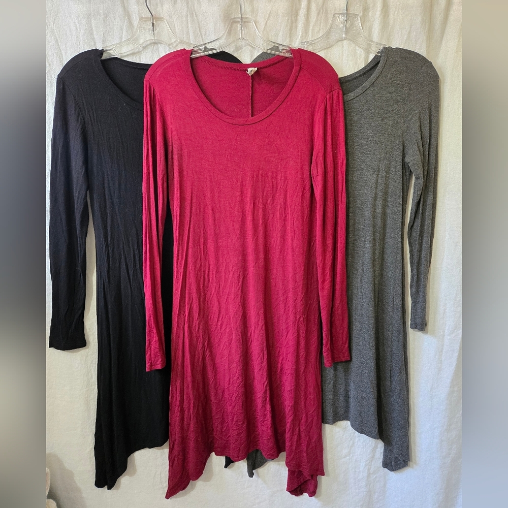 Elegant Long Sleeve Dress Trio - Black, Red, and Gray